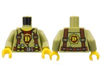 LEGO part Torso Dino Shirt with Reddish Brown Harness, Silver Buckle, and Dark Red Undershirt with Lime Capital Letter D Pattern / Olive Green Arms / Yellow Hands 973pb0990c01
