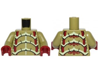 LEGO part Torso Galaxy Squad Buggoid with Dark Red, Yellowish Green and Black Exoskeleton Pattern / Olive Green Arms / Dark Red Hands (973pb1263c01)