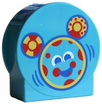 LEGO part Duplo, Stein 1 x 2 x 2 Rundtopp, ausgeschnittene Seiten mit Mausfratze, roten und gelben Kreisen, blauen und weißen Augen und Mundmuster 14222pb032