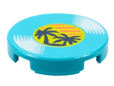 LEGO part Tile, Round 2 x 2 with Bottom Stud Holder with LP Record, Palm Trees on Label Pattern (14769pb385)
