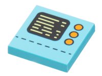LEGO part Tile 2 x 2 with Control Panel with Black Display, Bright Light Yellow Text, 3 Orange Buttons, and Dotted Line Pattern 3068pb2045
