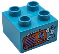 LEGO part Duplo, Brique 2 x 2 avec Motif de Radio Orange et Lavande Moyen, Notes de Musique Noires et 'ABC' Blanc 3437pb121