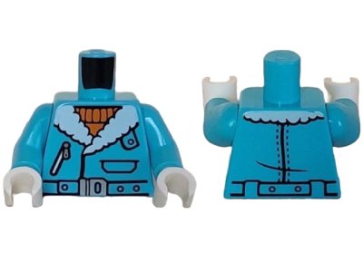 LEGO part Torso Jacket with White Fur Collar, Pocket with Zipper, and Belt with Silver Buckle over Orange Sweater Pattern / Medium Azure Arms / White Hands (973pb5256c01)