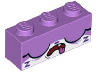 LEGO part Steen 1 x 3 met kattengezicht wijd gesloten ogen, open mond met hangende tong, en 2 paarse 'Z's patroon (slaperig Unikitty) 3622pb081