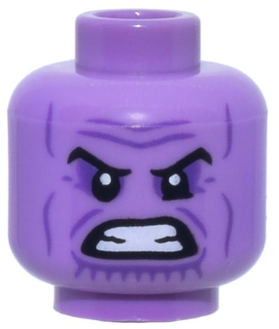 LEGO part Minifigure, Head Alien Black Eyebrows, Dark Purple Eye Shadow, Wrinkles, and Chin Lines, Furrowed Brow, Bared Teeth Pattern - Hollow Stud (3626pb3010)