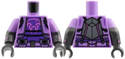 LEGO part Torso Jacket, Black Straps, Dark Purple Shirt, Dark Pink Cat Skull Outline, Dark Silver Belt Buckle and Panel on Back Pattern / Pearl Dark Gray Arms with Molded Lavender Short Sleeves and Printed Dark Silver Web Slingers Pattern / Pearl Dark Gray Hands (973pb6280c01)