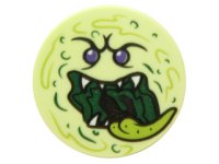 LEGO onderdeel Tegel, Rond 2 x 2 met Studs-Houder Onderkant met Spookgezicht met Donkerpaars Ogen, Donkergroen Open Mond, Wit Scherpe Tanden, en Lime Tong Patroon 14769pb051
