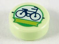 LEGO part Tile, Round 1 x 1 with Dark Blue Bicycle and Lime Ribbon in White Circle with Bright Green Outline Pattern 98138pb181