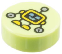 LEGO part Tile, Round 1 x 1 with Yellow Robot with Metallic Light Blue Eyes and Mouth, Silver Hands Pattern 98138pb453