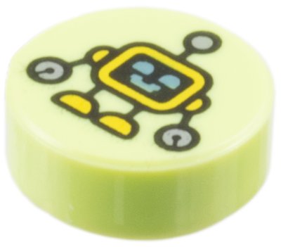 LEGO part Tile, Round 1 x 1 with Yellow Robot with Metallic Light Blue Eyes and Mouth, Silver Hands Pattern (98138pb453)