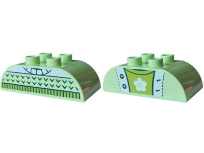 LEGO part Duplo, Brick 2 x 4 Slope Curved Double with Knit Sweater with Lime Collar, White Top and Dark Green V / Open Jacket over T-Shirt with Flower Pattern (98223pb044)