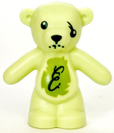 LEGO part Teddy Bear with Dark Green Eyes, Nose and Mouth, Script Letter E on Lime Stomach, Damaged Eye Pattern (98382pb008)