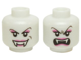 LEGO part Minifigure, Head Dual Sided Alien with Black Eyes, Fangs, Arched Eyebrows, Mouth Closed / Mouth Open Pattern (Lady Vampyre) (3626pb0770)