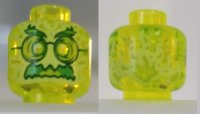 LEGO onderdeel Minifigure, Head Alien Ghost with Yellowish Green Face, Bushy Eyebrows, Glasses, Angry and Flames in Back Pattern - Hollow Stud 3626pb2493