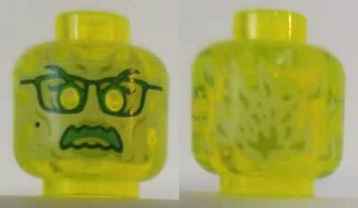 LEGO part Minifigure, Head Alien Ghost with Yellowish Green Face, Glasses, Angry and Flames in Back Pattern - Hollow Stud (3626pb2494)