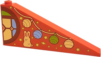 LEGO part Slope 25 8 x 1 x 3 with Medium Nougat Round Window Half with Bright Light Yellow, Bright Light Blue and Lime Stained Glass, Hanging Lights, Bunny Rabbit, Stars, Planet and Moon Pattern Model Left Side (49618pb01L)