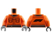 LEGO part Torso Racing Suit with Black Pockets, Stitching, Collar and Waistband, Formula 1 Logo Stylized 'F1' on Back Pattern / Reddish Orange Arms / Dark Bluish Gray Hands 973pb5981c01