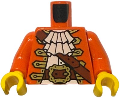 LEGO part Torso Pirate Jacket Open, Gold Trim, White Shirt with Neck Ruffle, Reddish Brown Strap, Belt with Buckle, Hourglass on Back Pattern (BAM) / Reddish Orange Arms / Yellow Hands (973pb6156c01)