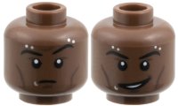 LEGO part Minifigure, Head Dual Sided, Black Eyebrows, Dark Brown Cheek Lines, Silver Piercings and Lip Ring, Raised Eyebrow Left / Lopsided Grin Pattern 3626pb3948