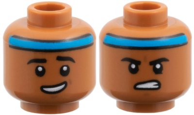 LEGO part Minfigure, Head Dual Sided Dark Azure Headband, Black Eyebrows, Lopsided Open Mouth Grin / Firm Gritted Teeth Pattern (3626pb3952)