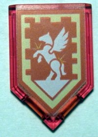 LEGO part Tile, Modified 2 x 3 Pentagonal with Nexo Power Shield Pattern - Silver Pegasus 22385pb083
