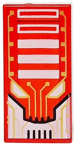 LEGO part Tile 1 x 2 with Alien Robot Face with Gold Circuitry, Black Lines, White Eyes and Rectangles Pattern (3069pb1323)
