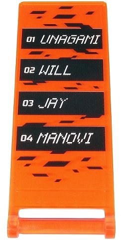LEGO onderdeel Vlag 7 x 3 met staafgreep met White '01 UNAGAMI', '02 WILL', '03 JAY', en '04 MANOVI' op Black Rectangles Patroon (Sticker) - Set 71712 (30292pb044)