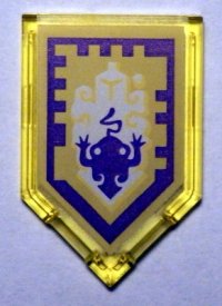 LEGO part Tile, Modified 2 x 3 Pentagonal with Nexo Power Shield Pattern - Toad 22385pb095