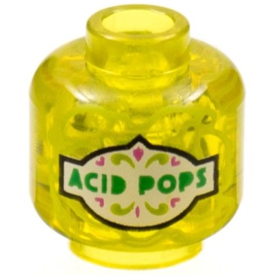 LEGO part Minifigure, Head without Face with Green 'ACID POPS' on White Label Pattern - Vented Stud (3626pb3350)