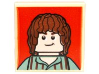 LEGO part Tile, Modified 2 x 2 Inverted with Brown-Haired Hobbit on Red Background Pattern 11203pb004