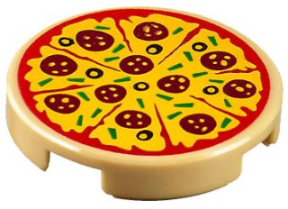 LEGO part Baldosa, Redonda 2 x 2 con Soporte de Espiga Inferior con Patrón de Pizza Rebanada con Salsa de Tomate Roja, Queso Amarillo, Pepperoni Rojo Oscuro, Aceitunas Negras y Pimientos Verdes (14769pb160)