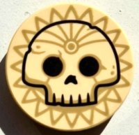 LEGO part Tile, Round 2 x 2 with Bottom Stud Holder with Black Skull Outline on Dark Tan Sun Pattern 14769pb602