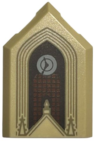 LEGO part Baldosa, Modificada 2 x 3 Pentagonal con Patrón de Arcos Marrón Oscuro Tostado y Espiras, Reloj Gris Azulado Claro, Ventana Rojo Oscuro con Enrejado Marrón Oscuro (22385pb308)