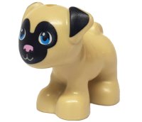 LEGO part Chien, Friends, Carlin, Debout avec Museau et Oreilles Noirs, Nez Rose Brillant et Yeux Bleu Foncé Motif (Toffee) 24111pb01