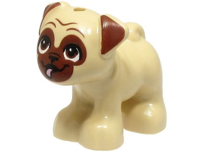 LEGO part Dog, Friends, Pug, Standing with Reddish Brown Muzzled Face, Ears and Eyes and Bright Pink Tongue Stuck Out Pattern (24111pb05)