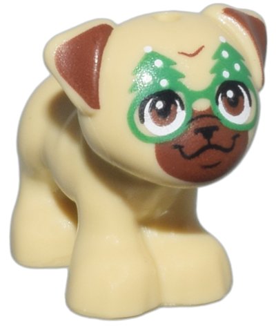 LEGO part Cane, Friends, Carlino, In Piedi con Muso Marrone Rossiccio, Orecchi e Occhi, Naso Nero, Bocca e Ciglia e Motivo Occhiali Albero di Natale Verde e Bianco (24111pb06)