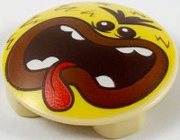 LEGO part Plate, Round 2 x 2 with Rounded Bottom with Angry Face, Dark Brown Hair, Reddish Brown Lips, and Wide Open Mouth with Teeth and Tongue Pattern 2654pb013