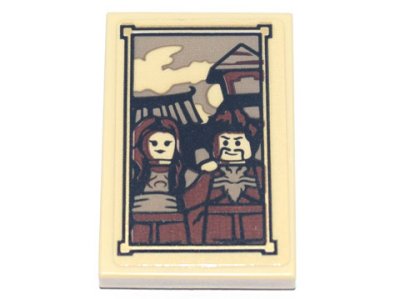 LEGO part Tile 2 x 3 with Framed Picture of 2 Minifigures (Ray and Maya) with Buildings in Background Pattern (Sticker) - Set 71741 (26603pb135)