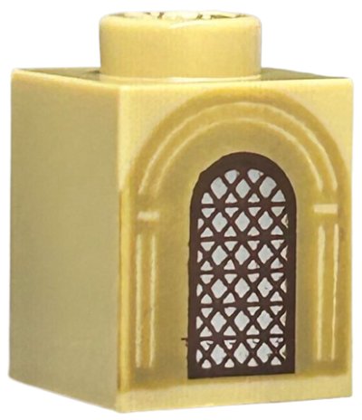LEGO part Stein 1 x 1 mit silbernem gewölbtem Fenster mit dunkelbraunem Gitter und dunkeltan Bögen Muster (3005pb063)