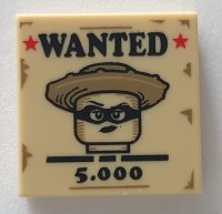 LEGO part Carreau 2 x 2 with 'WANTED', '5.000', Red Stars and Female Western Bandit Minifigure on Poster Pattern (BAM) 3068pb2009