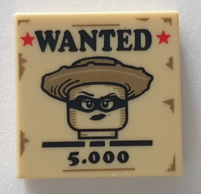 LEGO part Fliese 2 x 2 mit 'GESUCHT', '5.000', roten Sternen und weiblicher Western-Bandit Minifigur auf Poster Muster (BAM) (3068pb2009)
