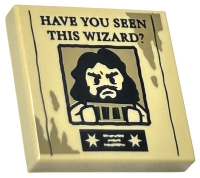 LEGO part Tile 2 x 2 with Black 'HAVE YOU SEEN THIS WIZARD?' and Sirius Black Minifigure on Wanted Poster with Dark Tan Dirt Marks Pattern (3068pb2286)
