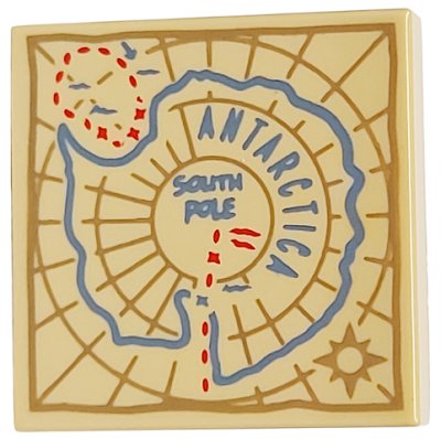 LEGO part Tile 2 x 2 with Map with Medium Blue 'ANTARCTICA' and 'SOUTH POLE', Dark Tan Compass Rose and Border, Red Dotted Lines Pattern (3068pb2551)