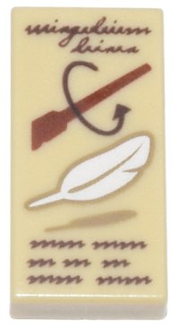 LEGO part Platte 1 x 2 mit rötlich braun 'Wingardium Leviosa' und Zauberstab und weißer Feder Muster 3069pb0649