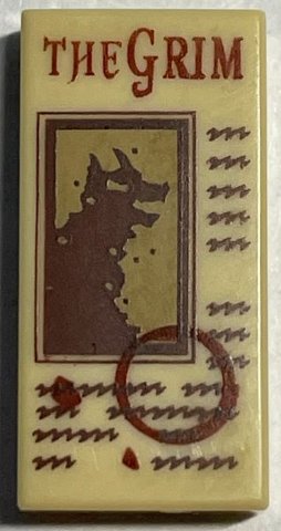 LEGO part Tile 1 x 2 with 'THE GRIM', Werewolf, Circle and Writing Pattern (3069pb1015)