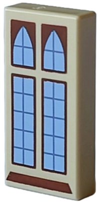 LEGO part Tile 1 x 2 with Reddish Brown Windows and Sill, Dark Bluish Gray Panes and Bright Light Blue Glass Pattern 3069pb1254