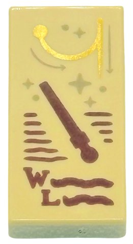 LEGO part Fliese 1 x 2 mit rötlich braunem Zauberstab, Großbuchstaben W, L und Wingardium Leviosa Zauberspruch Gekritzel, dunkelbeige Glitzer und Pfeile, goldener Schwung- und Flick-Muster (3069pb1321)