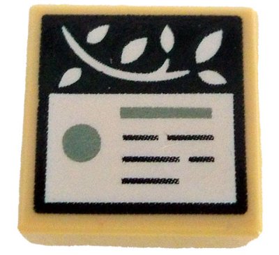 LEGO part Tile 1 x 1 with White Vine and Information Plaque with Sand Green Bar and Dot and Writing / Lines on Dark Green Background Pattern (3070pb367)