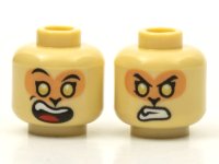LEGO part Minifigure, Head Dual Sided Alien Black Eyebrows, Nougat Face, Gold Eyes, Wide Open Mouth Smile with Top Teeth and Red Tongue / Angry Bared Teeth Pattern - Hollow Stud 3626pb2642