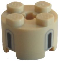 LEGO part Brick, Round 2 x 2 with Axle Hole with 2 Black and Light Bluish Gray Castle Windows Pattern 3941pb56